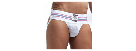 Gay underwear feature guide with white jockstrap fit details