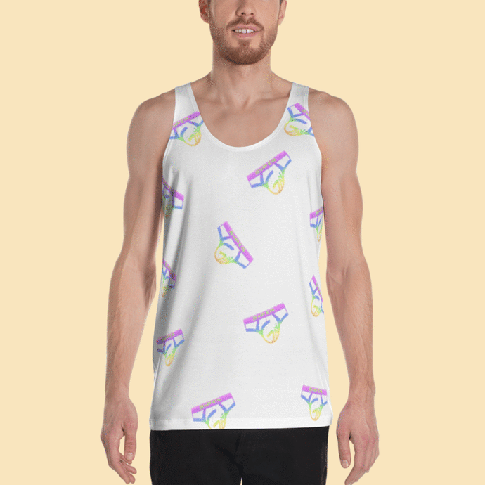 Rainbow Logo Collage on White Tank Top by Super Gay Underwear and Apparel for gay men