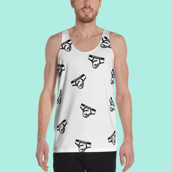 Black Logo Collage on White Tank Top by Super Gay Underwear and Apparel for Gay Men